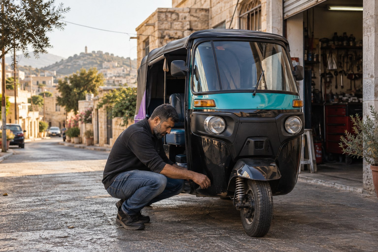 A driver checking his tuk-tuk before starting work